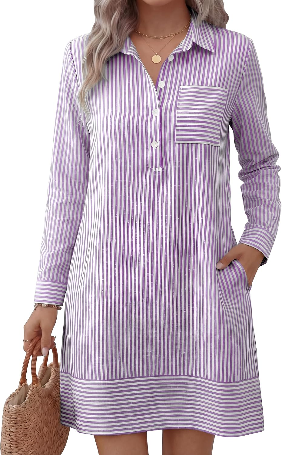 ANRABESS Women's Long Sleeve Striped Fall Shift Shirt Dress | Button Up Polo Collar Tunic Short Dresses with Pockets, Color Block Hem Regular Fit, Office Casual Clothes, All Season Outfit