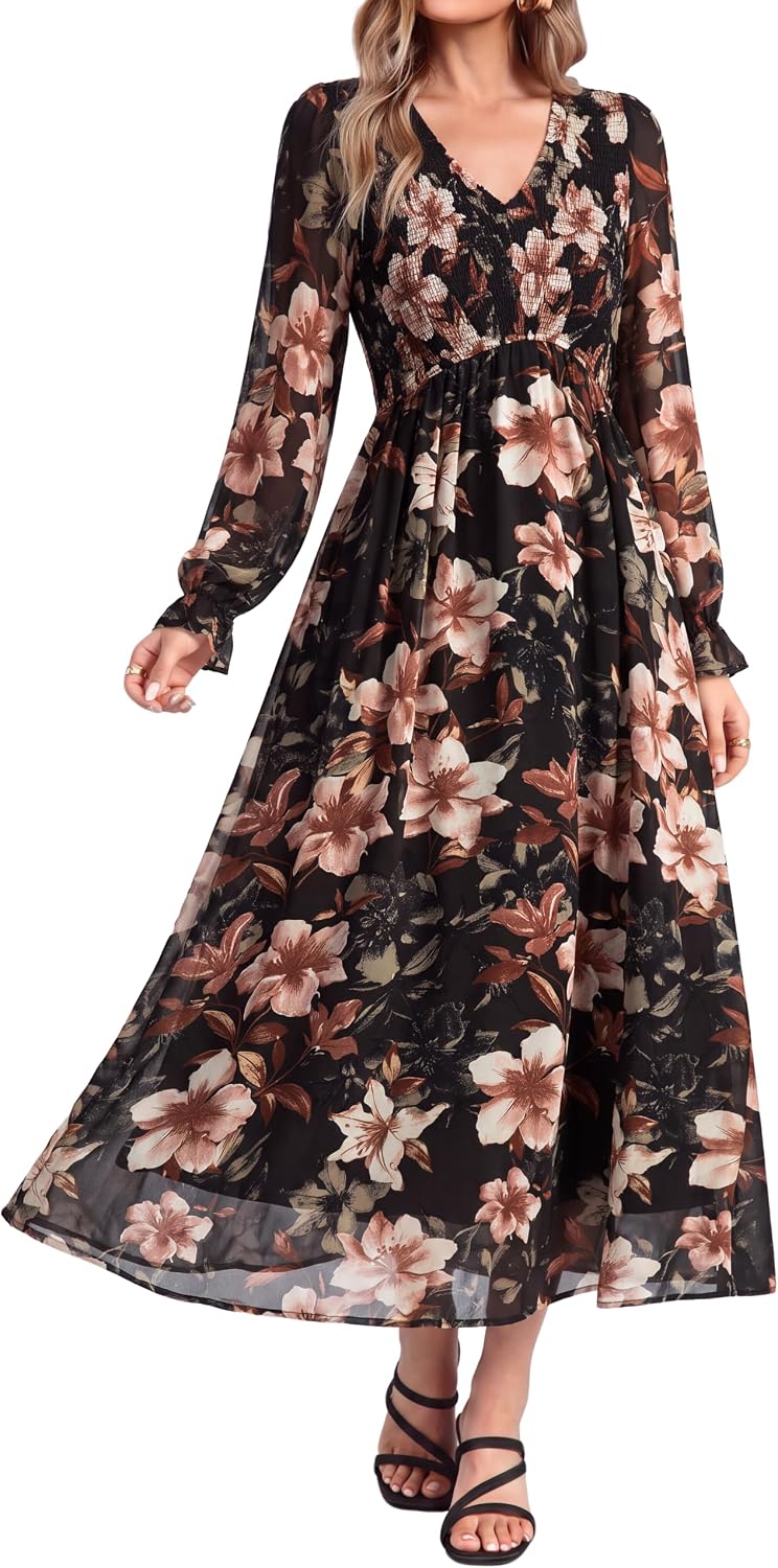 Simplee Womens Fall Floral Wedding Guest Dresses Boho Flowy Maxi Dress | Long Sleeve Chiffon Modest, Church, Smocked Empire Waist, Elegant, Semi Formal, Bridal Shower, Long Western A Line