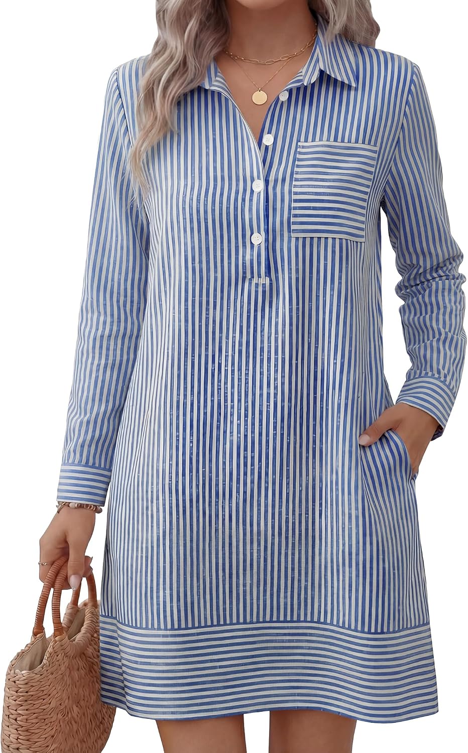 ANRABESS Women's Long Sleeve Striped Fall Shift Shirt Dress | Button Up Polo Collar Tunic Short Dresses with Pockets, Color Block Hem Regular Fit, Office Casual Clothes, All Season Outfit