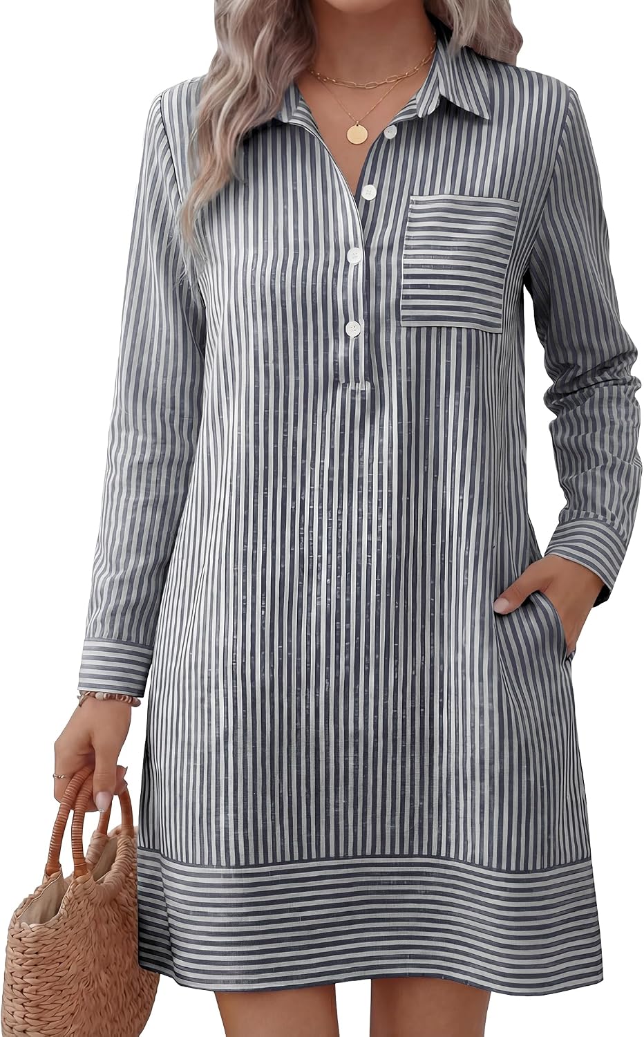 ANRABESS Women's Long Sleeve Striped Fall Shift Shirt Dress | Button Up Polo Collar Tunic Short Dresses with Pockets, Color Block Hem Regular Fit, Office Casual Clothes, All Season Outfit