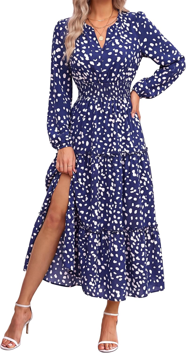 GRACE KARIN Women's Floral Maxi Dress 2026 Fall Long Sleeve V Neck Empire Waist A Line Flowy Dress with Pocket