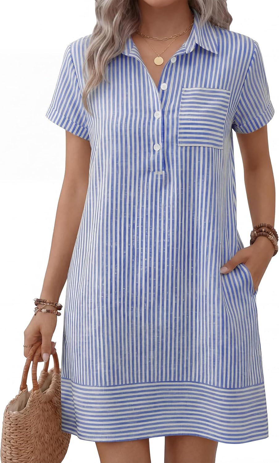 ANRABESS Womens Summer Casual Short Sleeve Shirt Dresses | Button Polo T-shirt Loose Shift Dress, Striped & Gingham, Beach Vacation Travel Outfits with Pockets, Spring Fall Clothes