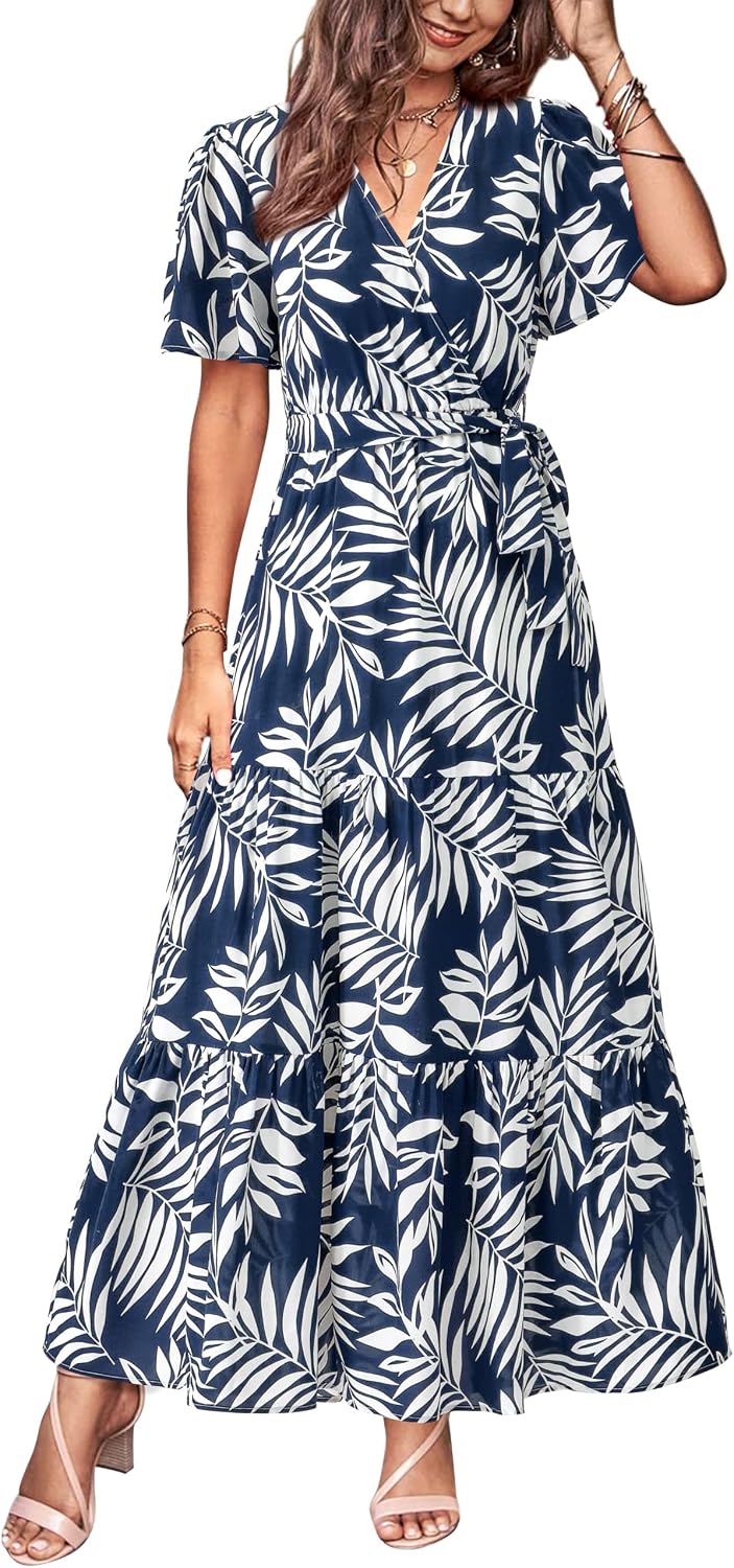 MASCOMODA Womens Summer Swiss Dot Maxi Dresses Wrap Boho Floral Long Dress | V Neck Wrap Dress, Flutter Short Sleeve, Tie Waist, Flowy A Line, Tiered Ruffle Hem, Elegant Spring Wedding Guest Dresses