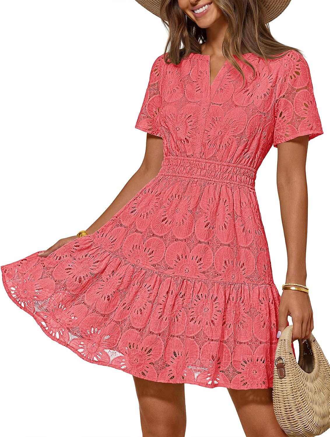 MEROKEETY Women's Summer Eyelet Lace Floral Boho Dress | Mini Dress, Short Sleeve, A Line, Notch Neck, Shirring Waist, Flowy Hem, Elegant Casual Cute, Vacation Beach, Short Sundress