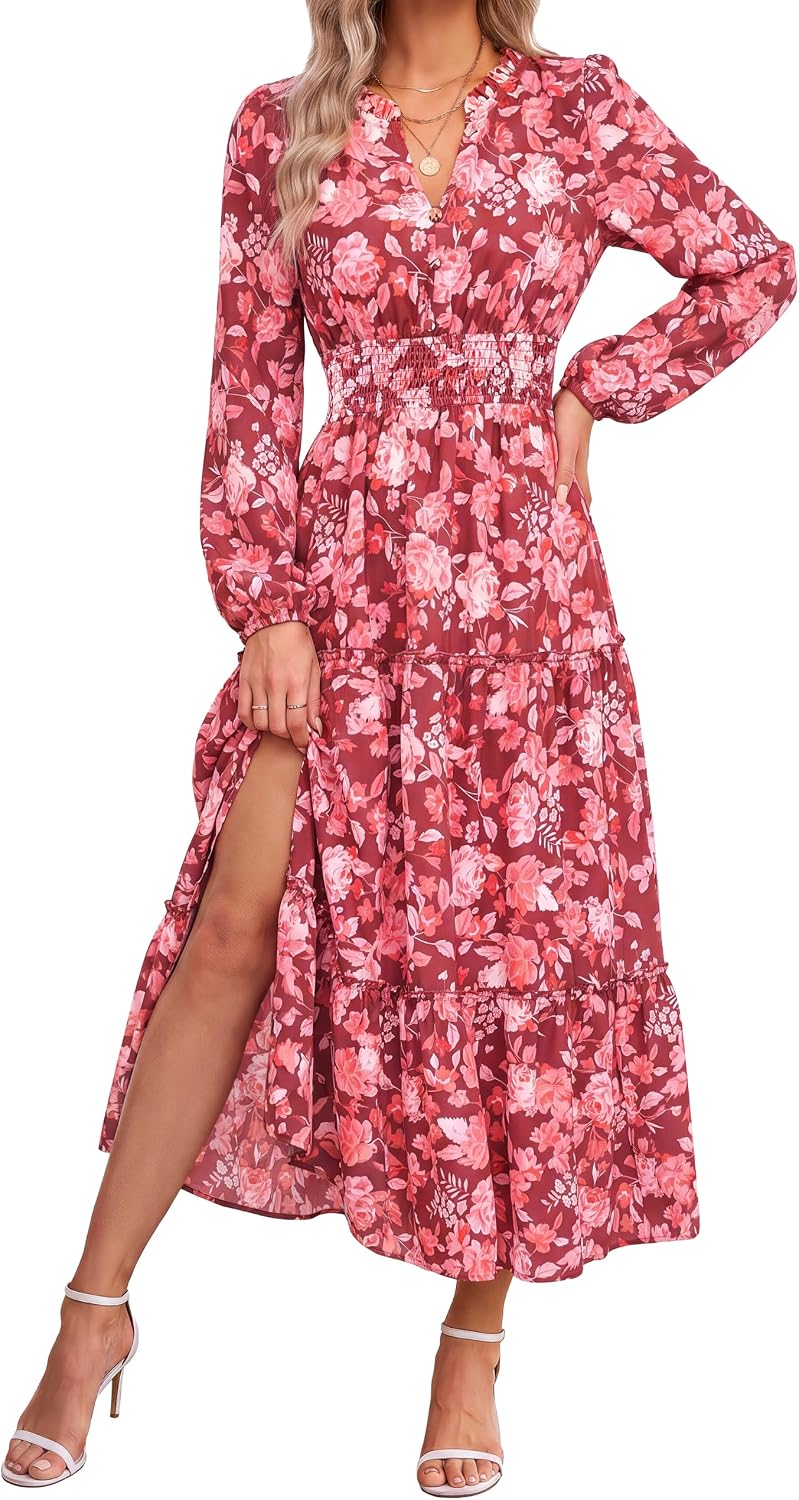 GRACE KARIN Women's Floral Maxi Dress 2026 Fall Long Sleeve V Neck Empire Waist A Line Flowy Dress with Pocket