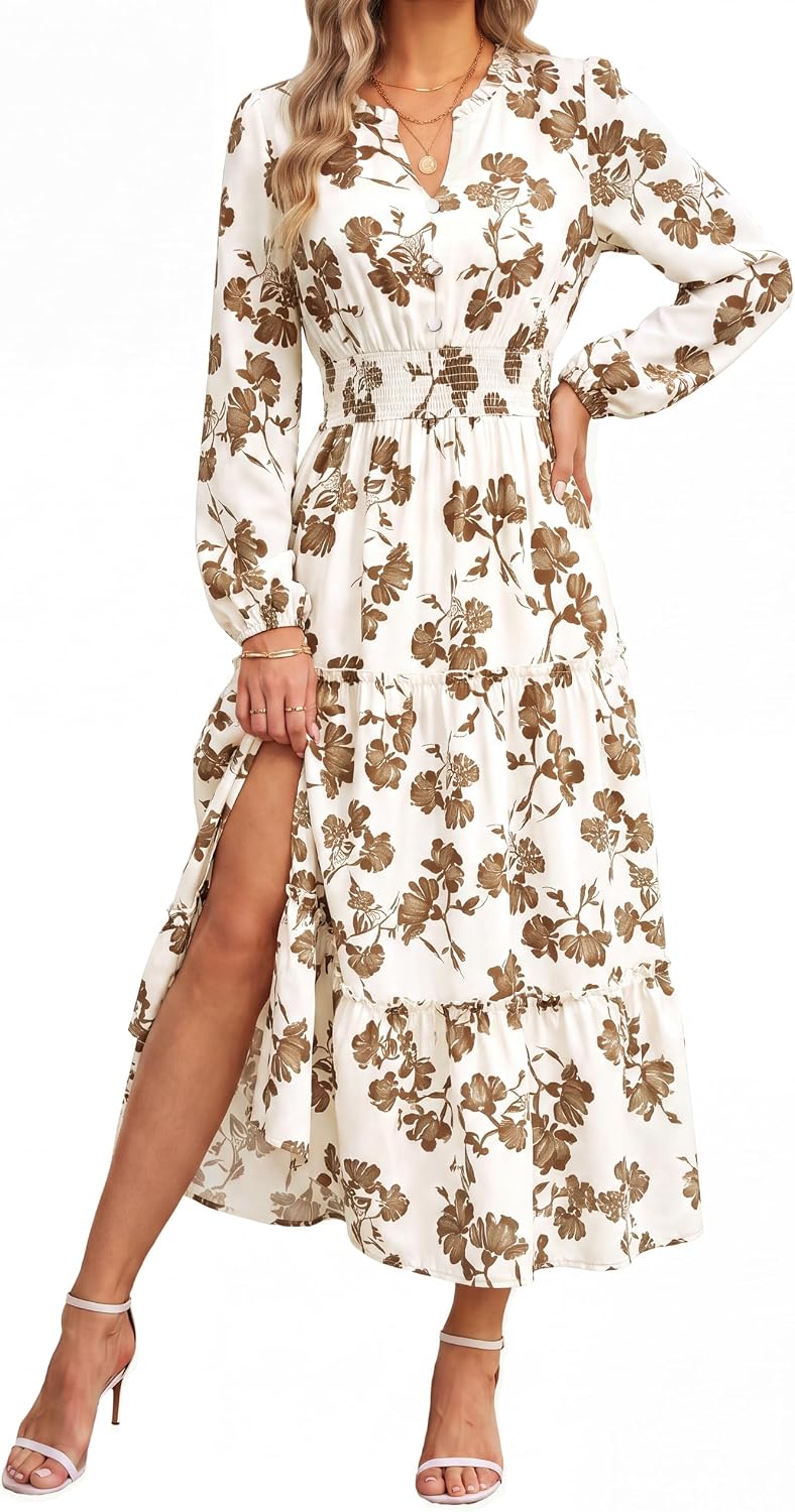 GRACE KARIN Women's Floral Maxi Dress 2026 Fall Long Sleeve V Neck Empire Waist A Line Flowy Dress with Pocket
