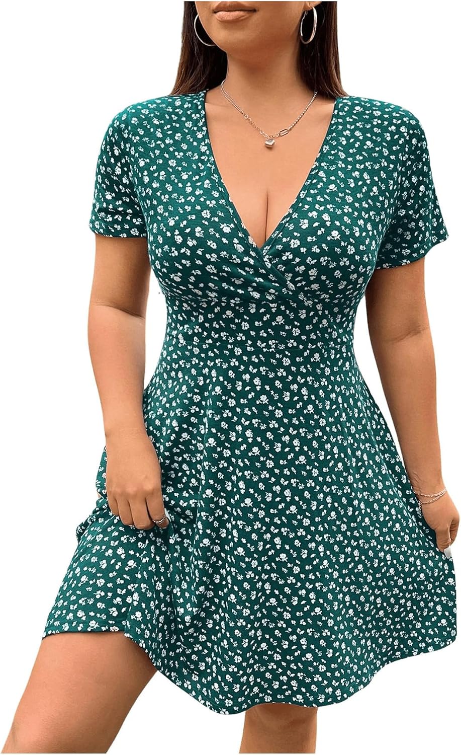 SHENHE Women's Plus Size Y2k Mesh Goth Mini Dress Deep V Going Out Dresses | Floral Pattern,A Line,Deep V,Short Sleeve,Flared Hem
