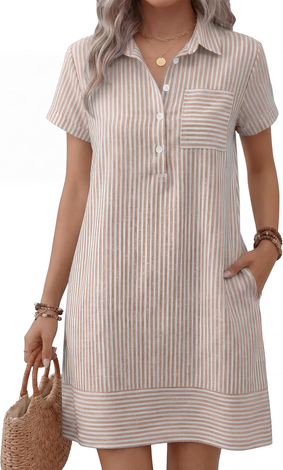 ANRABESS Womens Summer Casual Short Sleeve Shirt Dresses | Button Polo T-shirt Loose Shift Dress, Striped & Gingham, Beach Vacation Travel Outfits with Pockets, Spring Fall Clothes