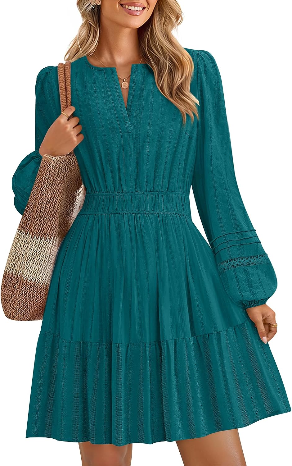 ZESICA Women's Fall Long Sleeve V Neck Flowy Mini Dresses | A Line Cotton Short Dress, Lightweight, Holiday, Work Office, Vacation, Homecoming, Baby Shower, 2026 Fall Trendy Clothes