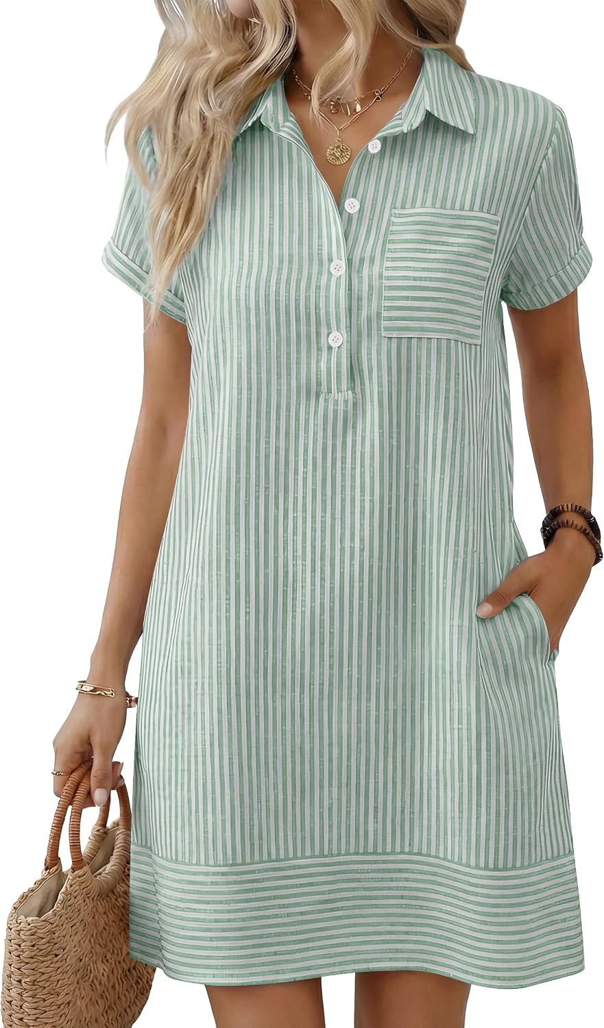 ANRABESS Womens Summer Casual Short Sleeve Shirt Dresses | Button Polo T-shirt Loose Shift Dress, Striped & Gingham, Beach Vacation Travel Outfits with Pockets, Spring Fall Clothes