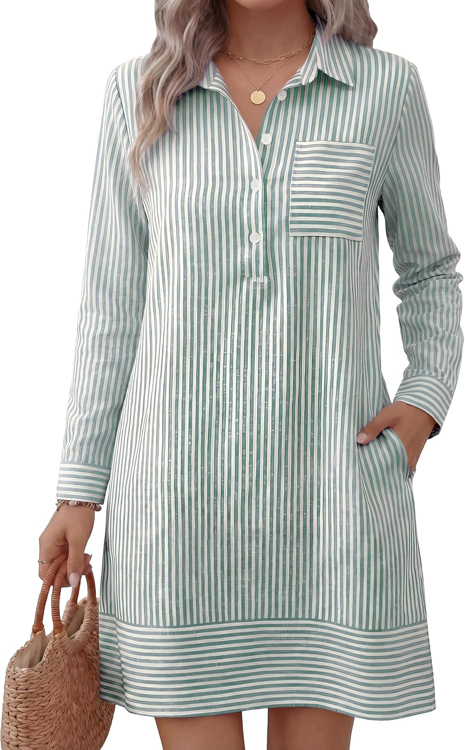 ANRABESS Women's Long Sleeve Striped Fall Shift Shirt Dress | Button Up Polo Collar Tunic Short Dresses with Pockets, Color Block Hem Regular Fit, Office Casual Clothes, All Season Outfit