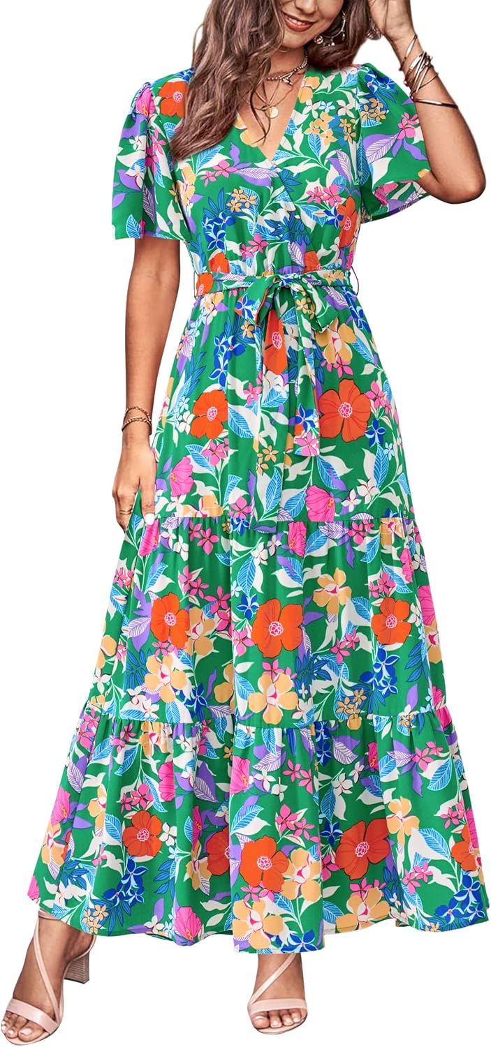 MASCOMODA Womens Summer Swiss Dot Maxi Dresses Wrap Boho Floral Long Dress | V Neck Wrap Dress, Flutter Short Sleeve, Tie Waist, Flowy A Line, Tiered Ruffle Hem, Elegant Spring Wedding Guest Dresses
