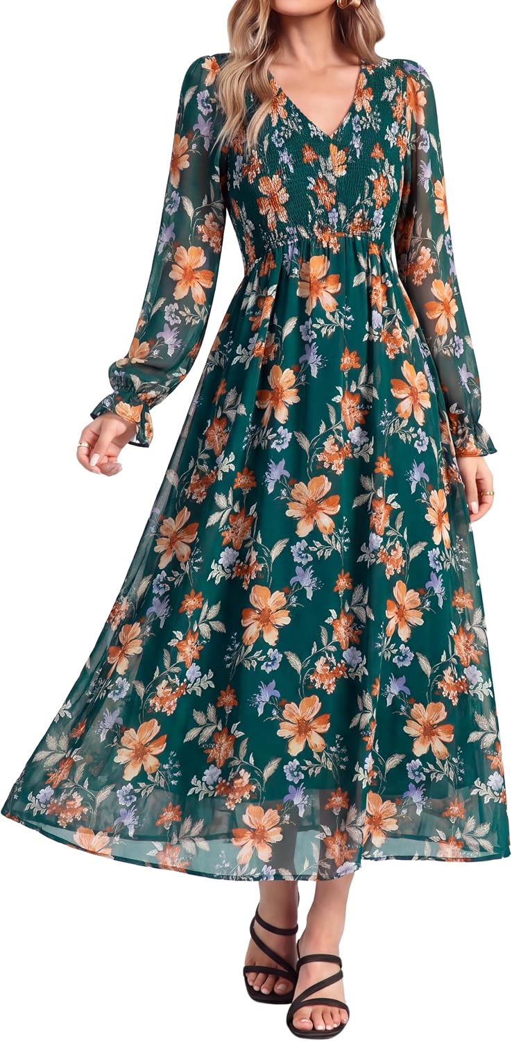 Simplee Womens Fall Floral Wedding Guest Dresses Boho Flowy Maxi Dress | Long Sleeve Chiffon Modest, Church, Smocked Empire Waist, Elegant, Semi Formal, Bridal Shower, Long Western A Line