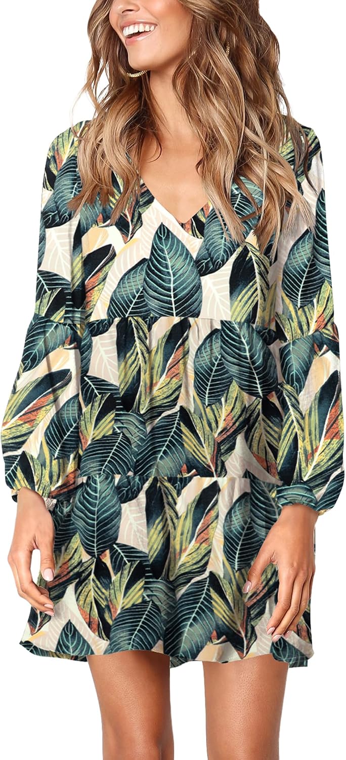 Amoretu Womens Tunic Dress Long Sleeve V Neck Casual Loose Flowy Swing Shift Dresses