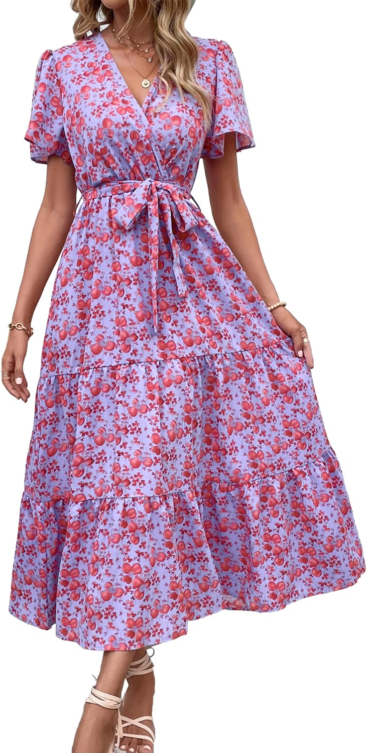 MASCOMODA Womens Summer Swiss Dot Maxi Dresses Wrap Boho Floral Long Dress | V Neck Wrap Dress, Flutter Short Sleeve, Tie Waist, Flowy A Line, Tiered Ruffle Hem, Elegant Spring Wedding Guest Dresses