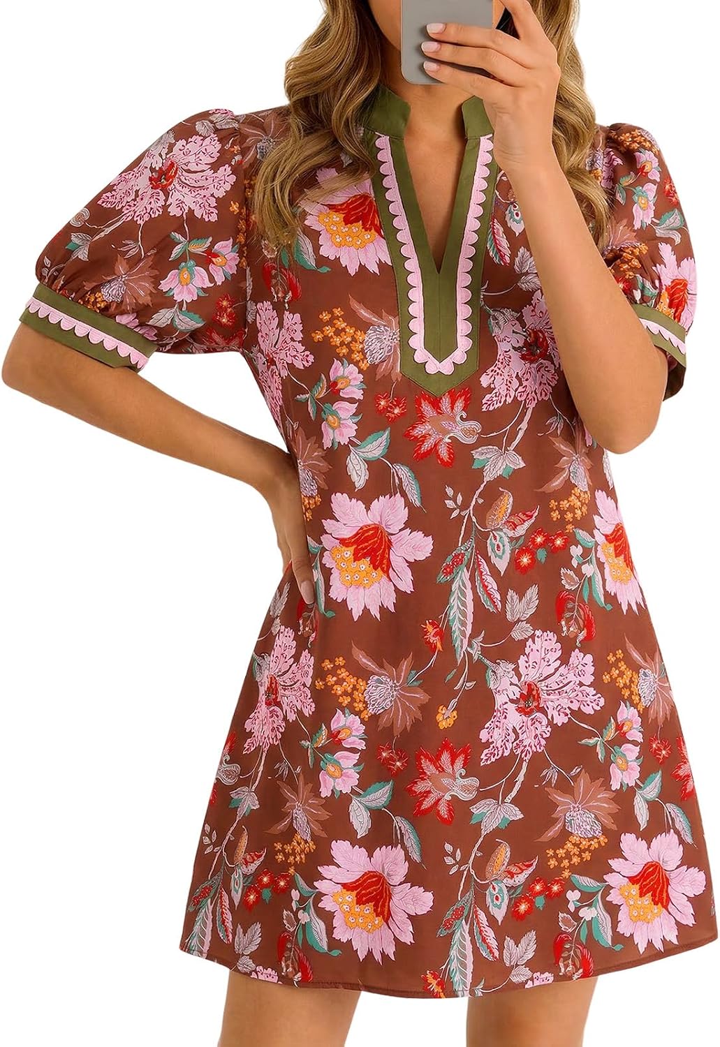 Wenrine Womens Summer Mini Dress Casual Floral Boho Dresses Beach Sundress | Puff Sleeve, V Neck, Color Block, Loose Fit, with Pockets