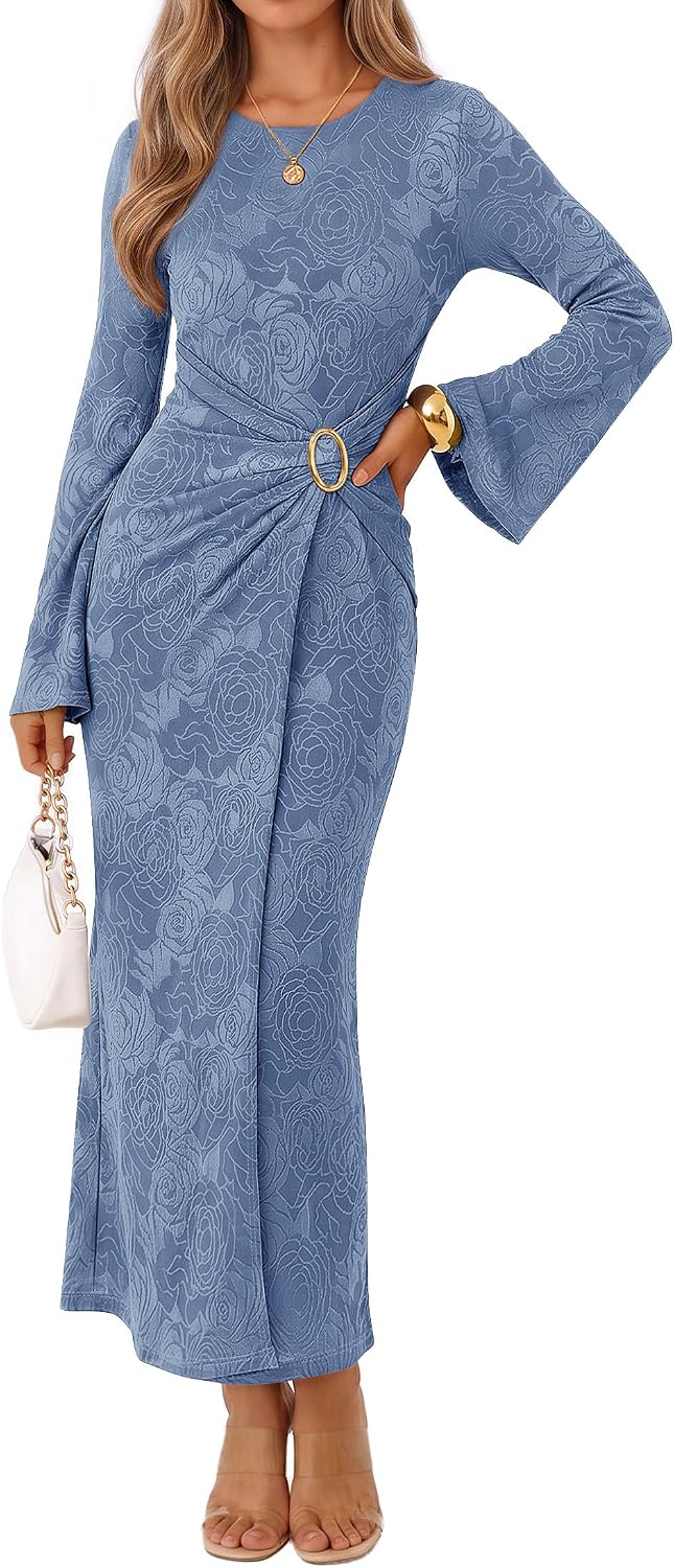 MEROKEETY Women's Fall Long Sleeve Formal Wedding Guest Cocktail Maxi Dress | Bell Sleeve, Crew Neck, Faux Wrap, Bodycon, Cinched Waist, Floral, Ruched, Buckle, Tea Length, Modest Dinner Dresses 2026
