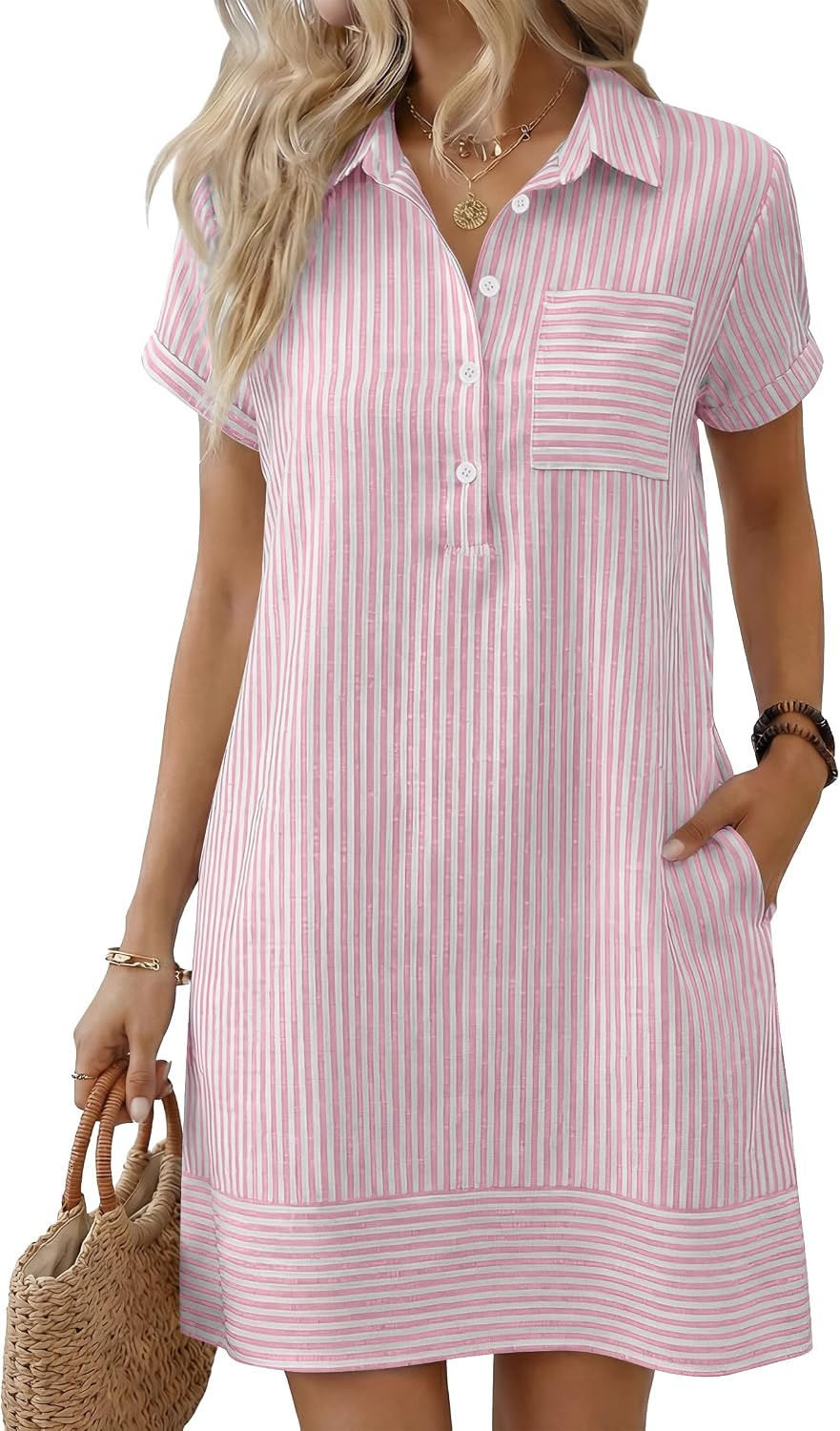 ANRABESS Womens Summer Casual Short Sleeve Shirt Dresses | Button Polo T-shirt Loose Shift Dress, Striped & Gingham, Beach Vacation Travel Outfits with Pockets, Spring Fall Clothes