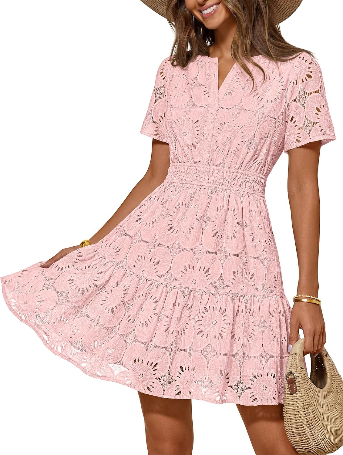 MEROKEETY Women's Summer Eyelet Lace Floral Boho Dress | Mini Dress, Short Sleeve, A Line, Notch Neck, Shirring Waist, Flowy Hem, Elegant Casual Cute, Vacation Beach, Short Sundress
