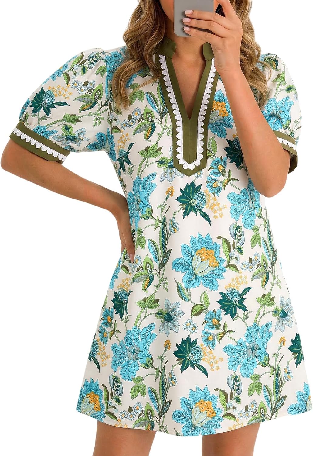 Wenrine Womens Summer Mini Dress Casual Floral Boho Dresses Beach Sundress | Puff Sleeve, V Neck, Color Block, Loose Fit, with Pockets