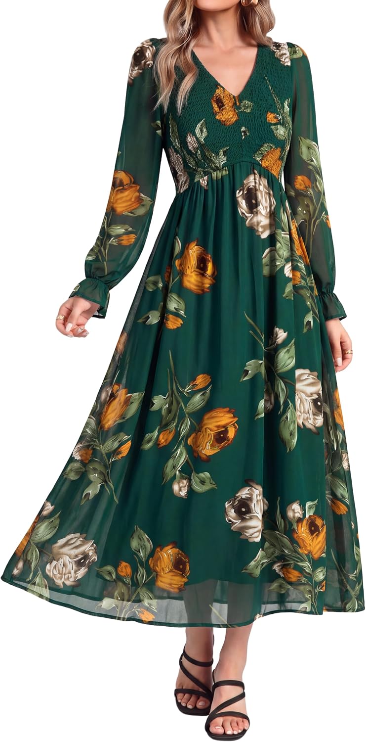 Simplee Womens Fall Floral Wedding Guest Dresses Boho Flowy Maxi Dress | Long Sleeve Chiffon Modest, Church, Smocked Empire Waist, Elegant, Semi Formal, Bridal Shower, Long Western A Line