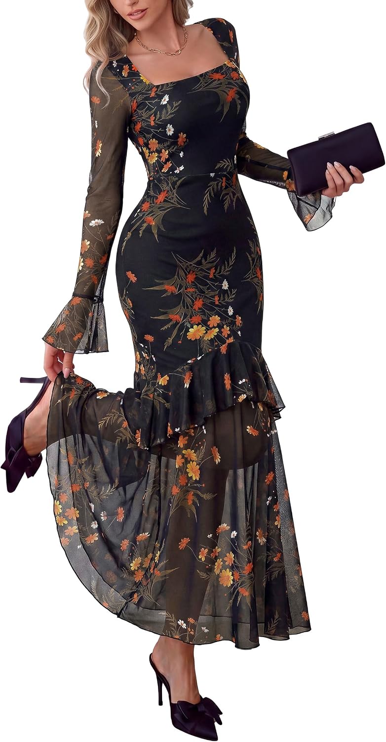 PRETTYGARDEN Womens Floral Long Sleeve Dress A Line Mesh Fall Maxi Dresses | Sheer Sleeve & Bell Cuffs, Lined, High Waist & Tiered Ruffle, Square Neck, Flowy Boho Dress, Cocktail Wedding Guest Dresses
