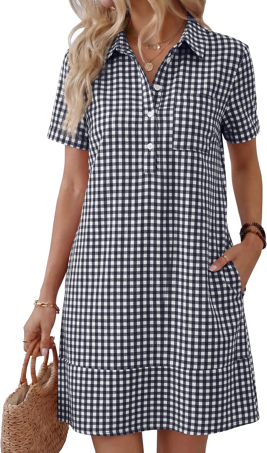 ANRABESS Womens Summer Casual Short Sleeve Shirt Dresses | Button Polo T-shirt Loose Shift Dress, Striped & Gingham, Beach Vacation Travel Outfits with Pockets, Spring Fall Clothes