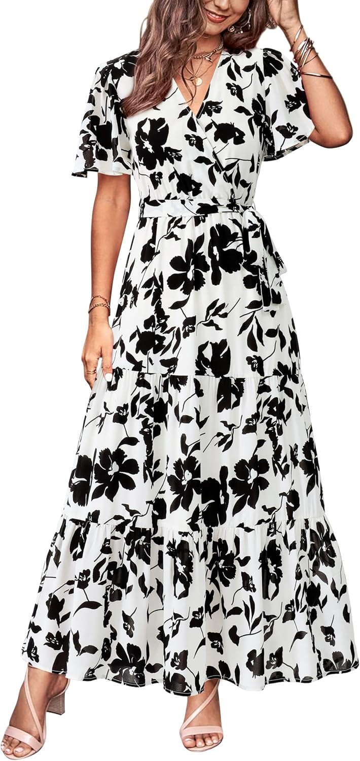 MASCOMODA Womens Summer Swiss Dot Maxi Dresses Wrap Boho Floral Long Dress | V Neck Wrap Dress, Flutter Short Sleeve, Tie Waist, Flowy A Line, Tiered Ruffle Hem, Elegant Spring Wedding Guest Dresses