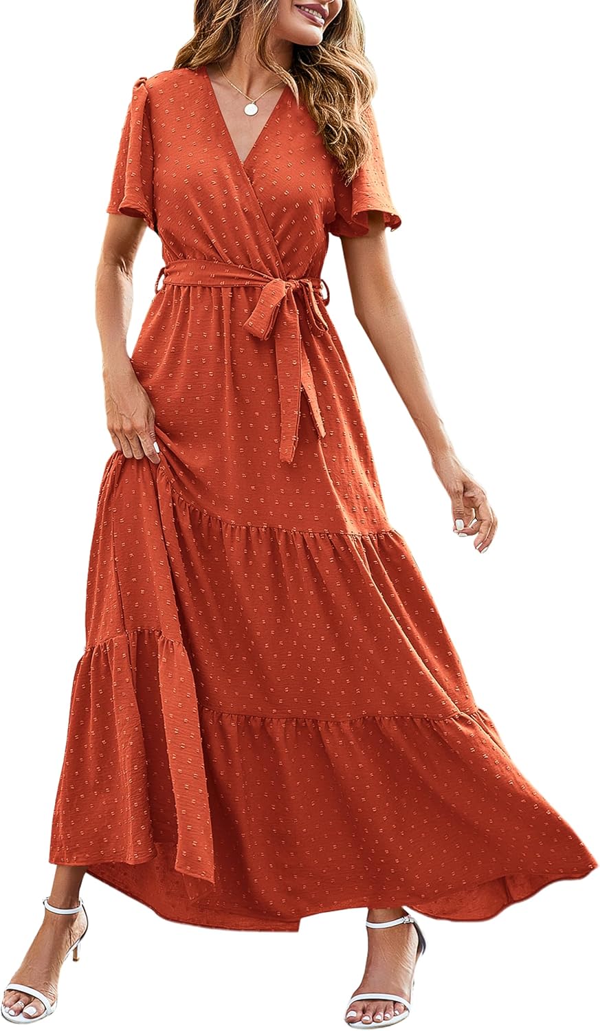 MASCOMODA Womens Summer Swiss Dot Maxi Dresses Wrap Boho Floral Long Dress | V Neck Wrap Dress, Flutter Short Sleeve, Tie Waist, Flowy A Line, Tiered Ruffle Hem, Elegant Spring Wedding Guest Dresses