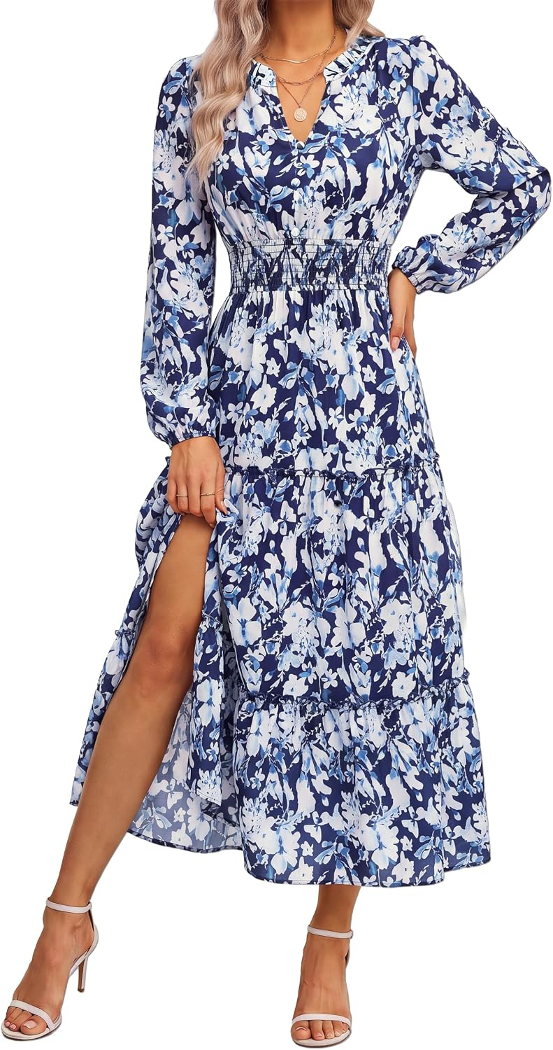 GRACE KARIN Women's Floral Maxi Dress 2026 Fall Long Sleeve V Neck Empire Waist A Line Flowy Dress with Pocket