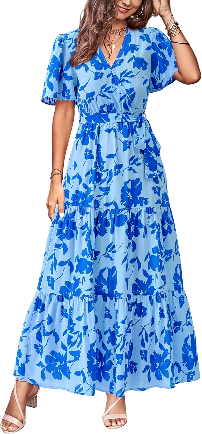 MASCOMODA Womens Summer Swiss Dot Maxi Dresses Wrap Boho Floral Long Dress | V Neck Wrap Dress, Flutter Short Sleeve, Tie Waist, Flowy A Line, Tiered Ruffle Hem, Elegant Spring Wedding Guest Dresses