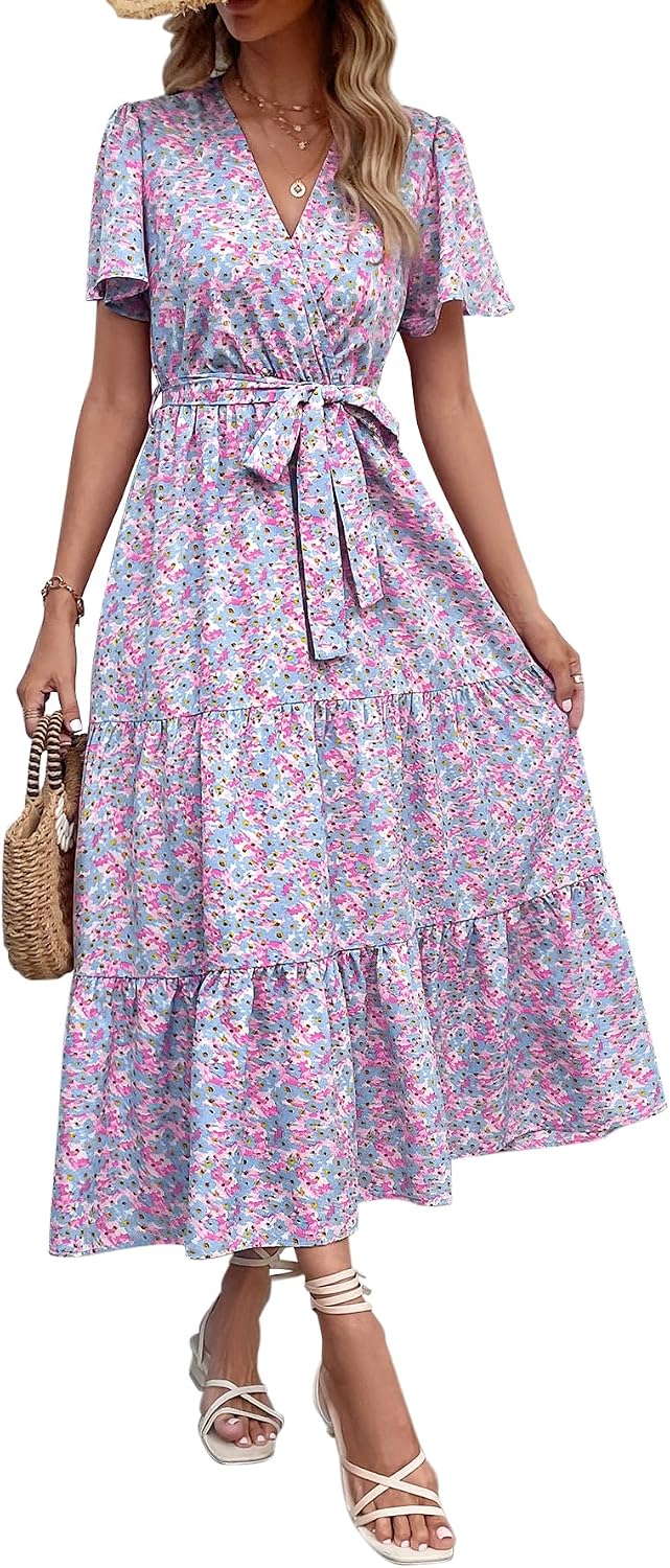 MASCOMODA Womens Summer Swiss Dot Maxi Dresses Wrap Boho Floral Long Dress | V Neck Wrap Dress, Flutter Short Sleeve, Tie Waist, Flowy A Line, Tiered Ruffle Hem, Elegant Spring Wedding Guest Dresses