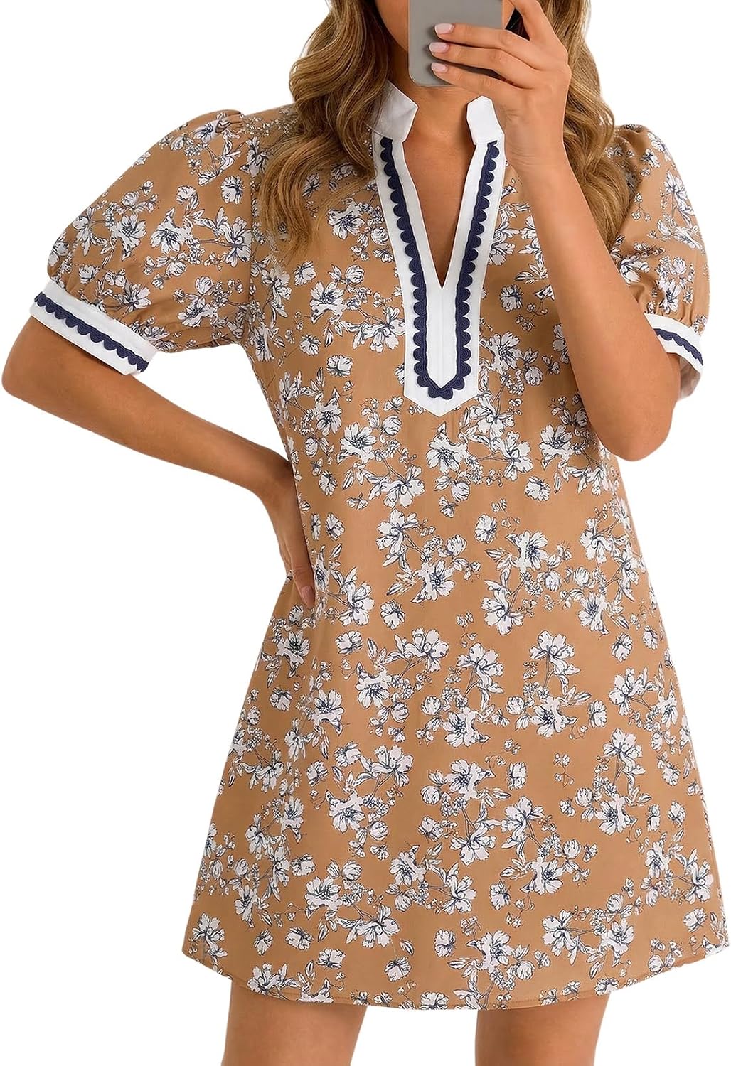 Wenrine Womens Summer Mini Dress Casual Floral Boho Dresses Beach Sundress | Puff Sleeve, V Neck, Color Block, Loose Fit, with Pockets
