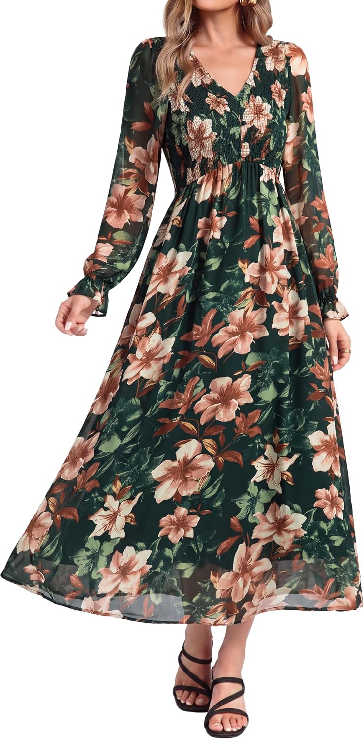 Simplee Womens Fall Floral Wedding Guest Dresses Boho Flowy Maxi Dress | Long Sleeve Chiffon Modest, Church, Smocked Empire Waist, Elegant, Semi Formal, Bridal Shower, Long Western A Line