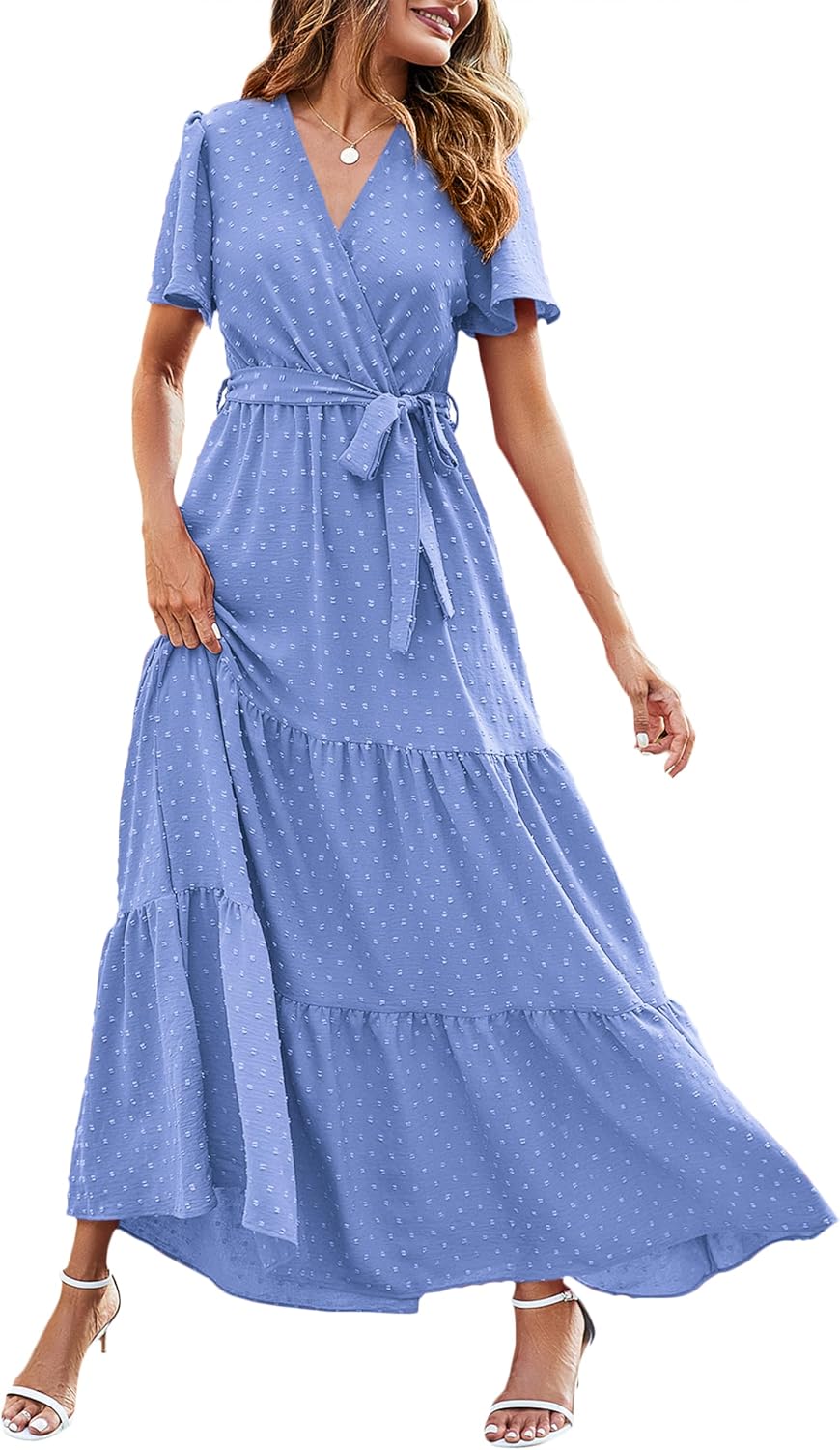 MASCOMODA Womens Summer Swiss Dot Maxi Dresses Wrap Boho Floral Long Dress | V Neck Wrap Dress, Flutter Short Sleeve, Tie Waist, Flowy A Line, Tiered Ruffle Hem, Elegant Spring Wedding Guest Dresses