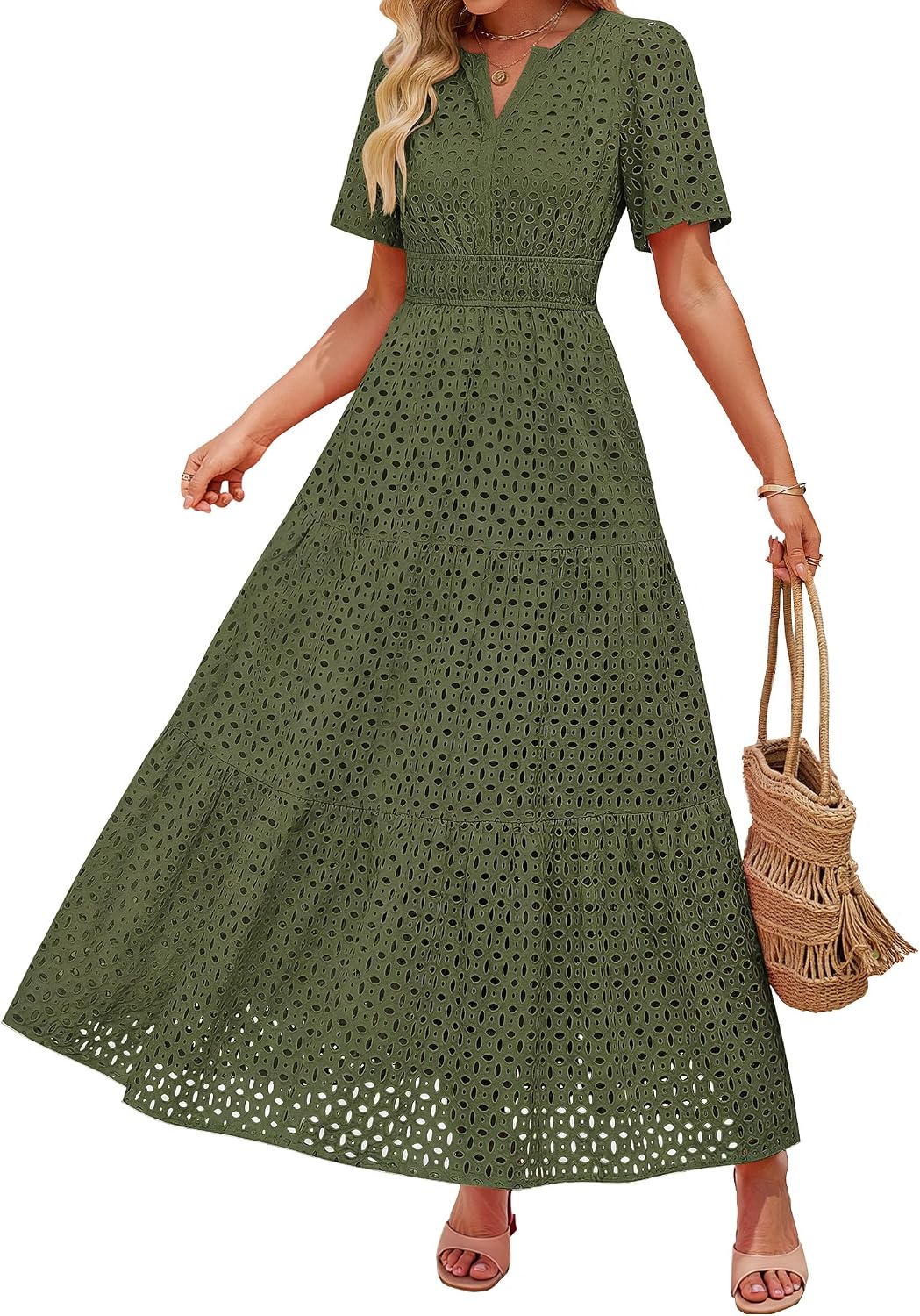 ZESICA Women's Summer Casual V Neck Eyelet A Line Maxi Dresses | Short Sleeve, High Waist, Beach Vacation Long Dress, Wedding Guest, Cocktail Party Outfits, 2026 Fashion Trendy Clothes