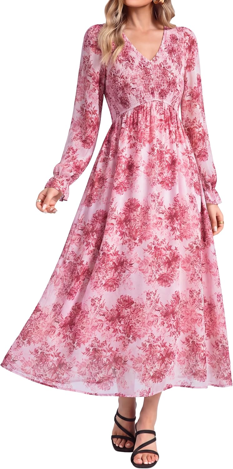 Simplee Womens Fall Floral Wedding Guest Dresses Boho Flowy Maxi Dress | Long Sleeve Chiffon Modest, Church, Smocked Empire Waist, Elegant, Semi Formal, Bridal Shower, Long Western A Line