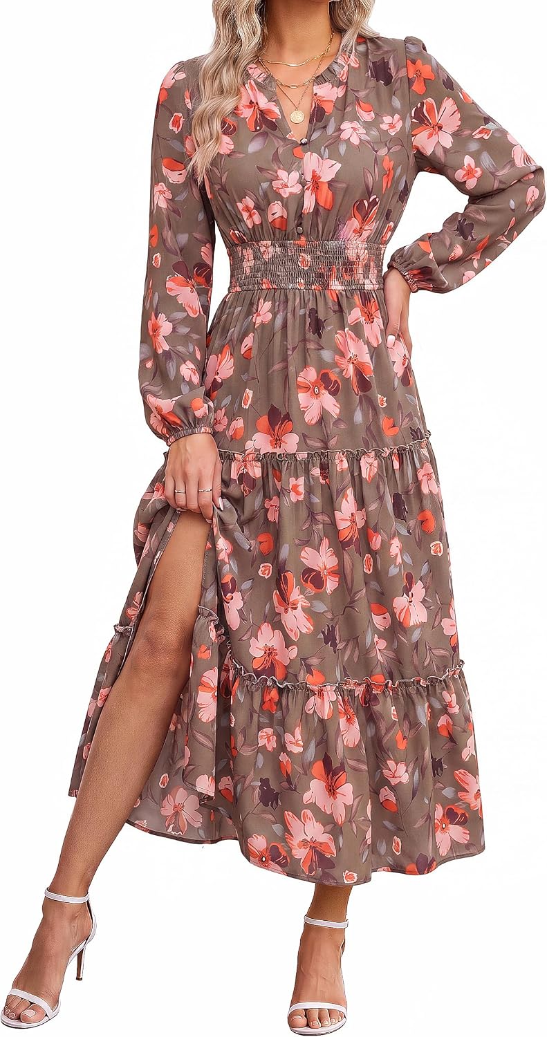 GRACE KARIN Women's Floral Maxi Dress 2026 Fall Long Sleeve V Neck Empire Waist A Line Flowy Dress with Pocket