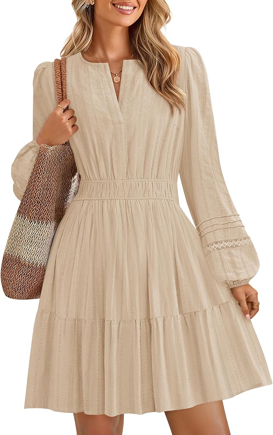 ZESICA Women's Fall Long Sleeve V Neck Flowy Mini Dresses | A Line Cotton Short Dress, Lightweight, Holiday, Work Office, Vacation, Homecoming, Baby Shower, 2026 Fall Trendy Clothes