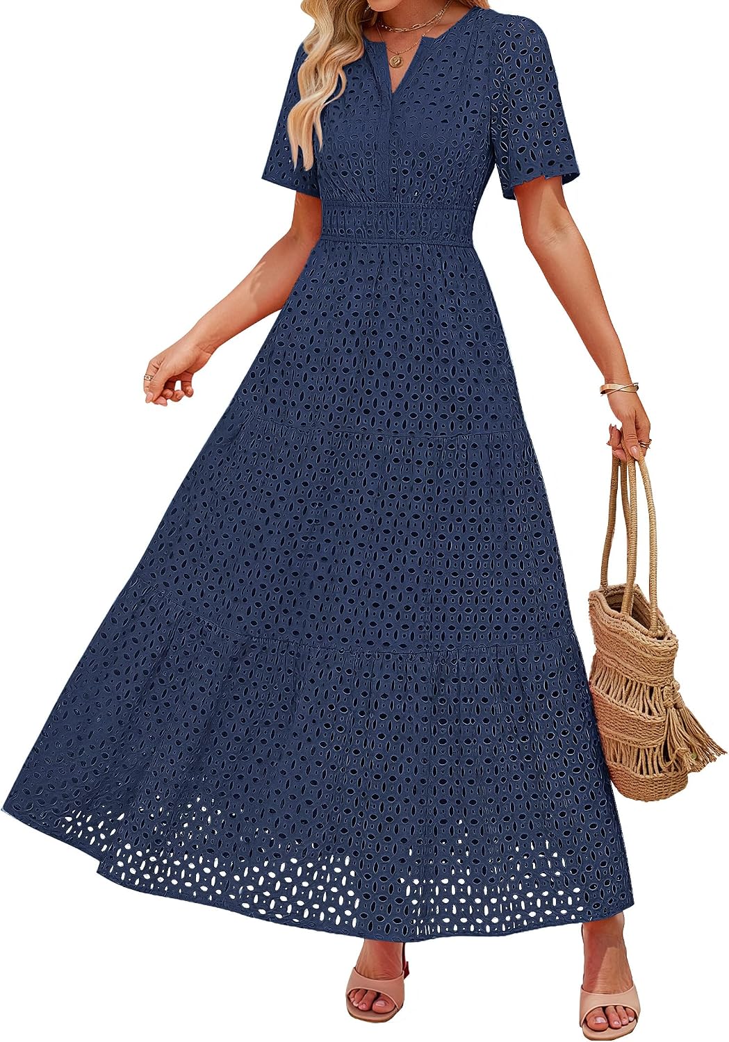 ZESICA Women's Summer Casual V Neck Eyelet A Line Maxi Dresses | Short Sleeve, High Waist, Beach Vacation Long Dress, Wedding Guest, Cocktail Party Outfits, 2026 Fashion Trendy Clothes
