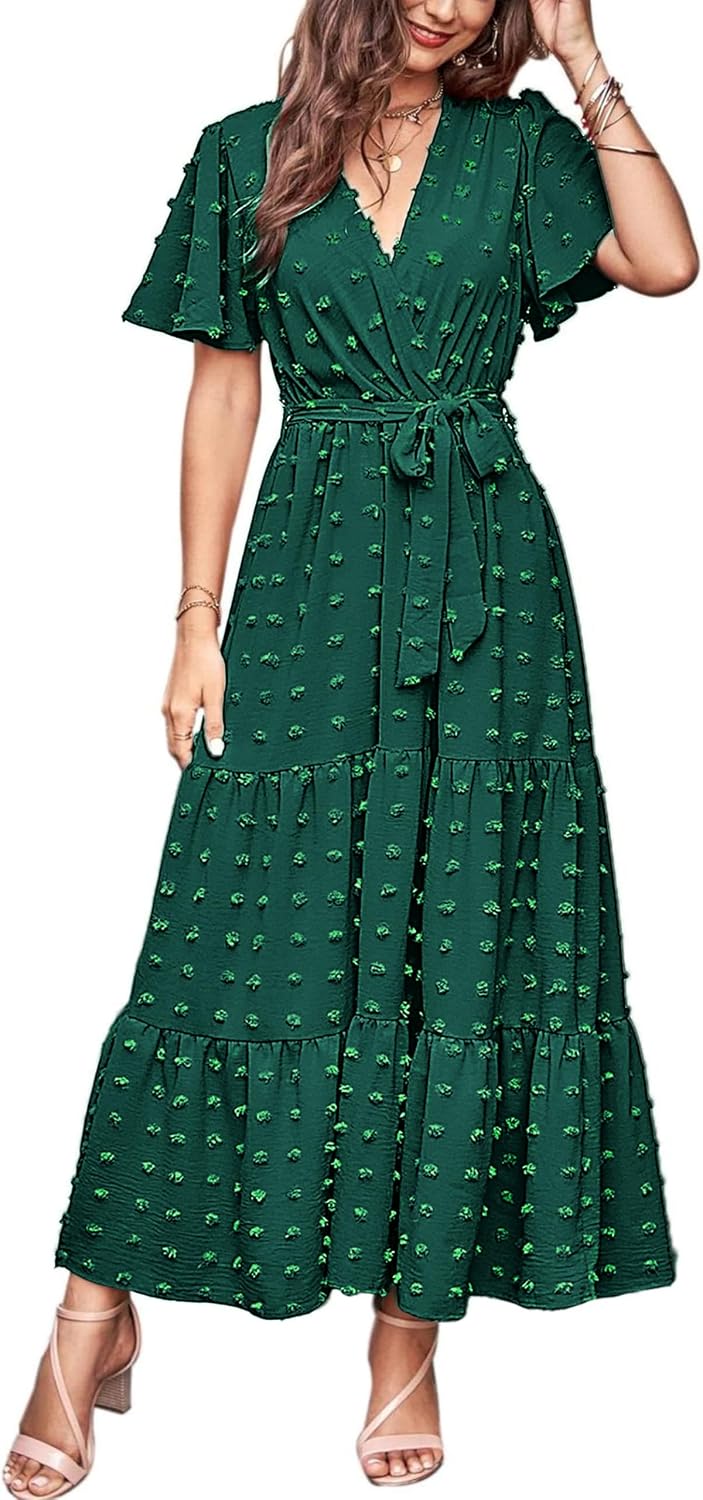 MASCOMODA Womens Summer Swiss Dot Maxi Dresses Wrap Boho Floral Long Dress | V Neck Wrap Dress, Flutter Short Sleeve, Tie Waist, Flowy A Line, Tiered Ruffle Hem, Elegant Spring Wedding Guest Dresses