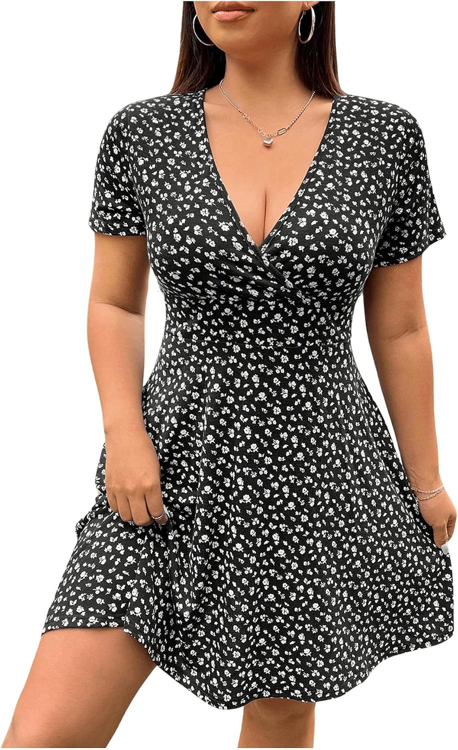 SHENHE Women's Plus Size Y2k Mesh Goth Mini Dress Deep V Going Out Dresses | Floral Pattern,A Line,Deep V,Short Sleeve,Flared Hem