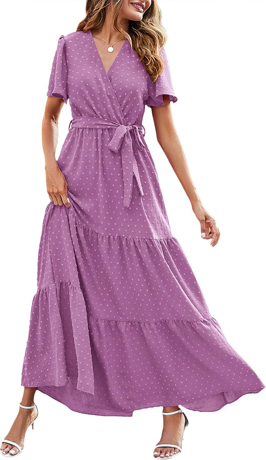 MASCOMODA Womens Summer Swiss Dot Maxi Dresses Wrap Boho Floral Long Dress | V Neck Wrap Dress, Flutter Short Sleeve, Tie Waist, Flowy A Line, Tiered Ruffle Hem, Elegant Spring Wedding Guest Dresses