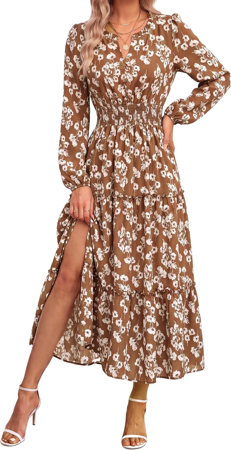 GRACE KARIN Women's Floral Maxi Dress 2026 Fall Long Sleeve V Neck Empire Waist A Line Flowy Dress with Pocket