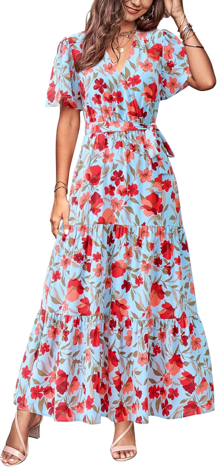 MASCOMODA Womens Summer Swiss Dot Maxi Dresses Wrap Boho Floral Long Dress | V Neck Wrap Dress, Flutter Short Sleeve, Tie Waist, Flowy A Line, Tiered Ruffle Hem, Elegant Spring Wedding Guest Dresses