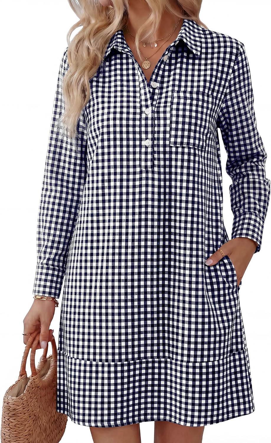ANRABESS Women's Long Sleeve Striped Fall Shift Shirt Dress | Button Up Polo Collar Tunic Short Dresses with Pockets, Color Block Hem Regular Fit, Office Casual Clothes, All Season Outfit