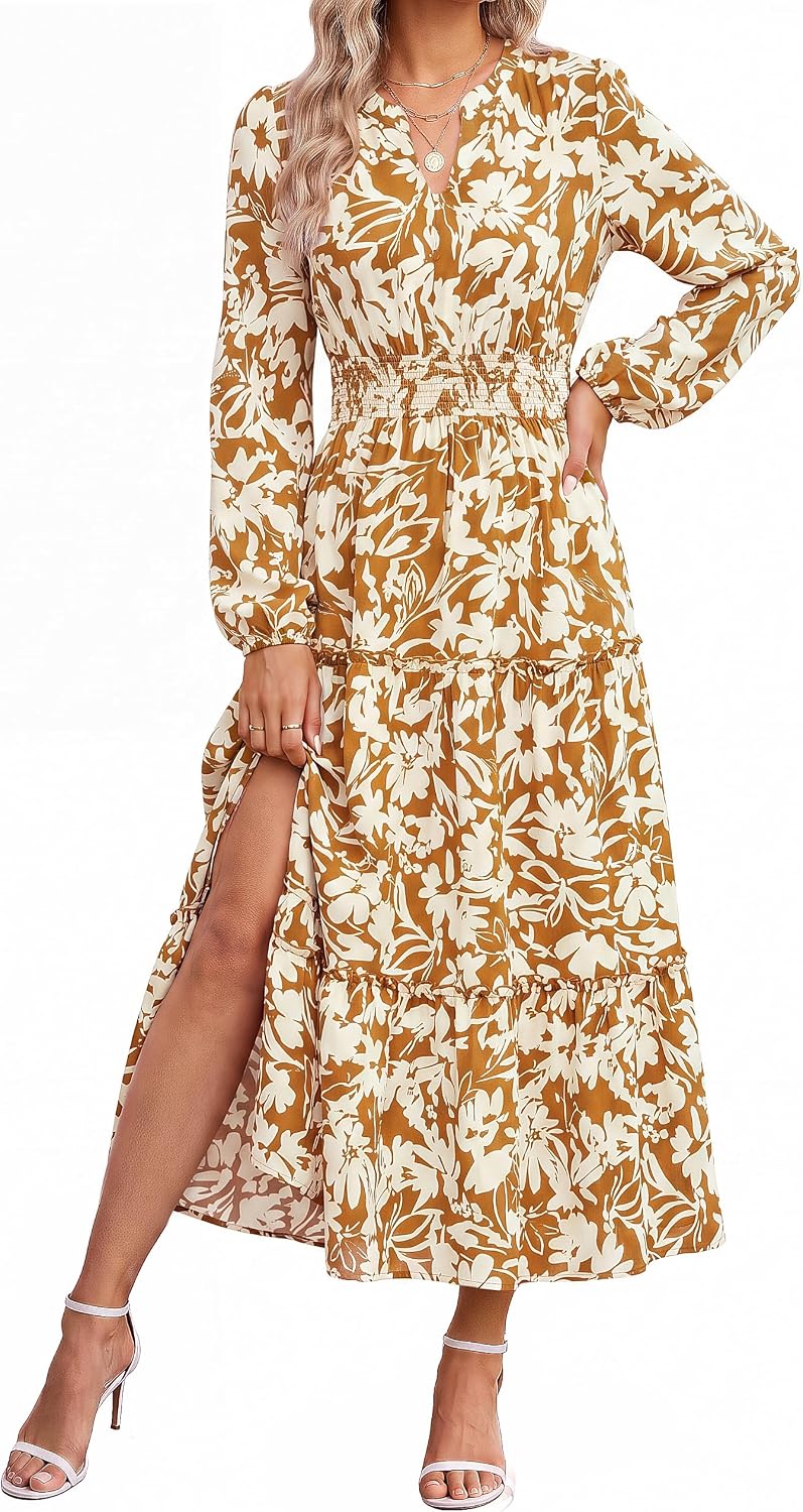 GRACE KARIN Women's Floral Maxi Dress 2026 Fall Long Sleeve V Neck Empire Waist A Line Flowy Dress with Pocket