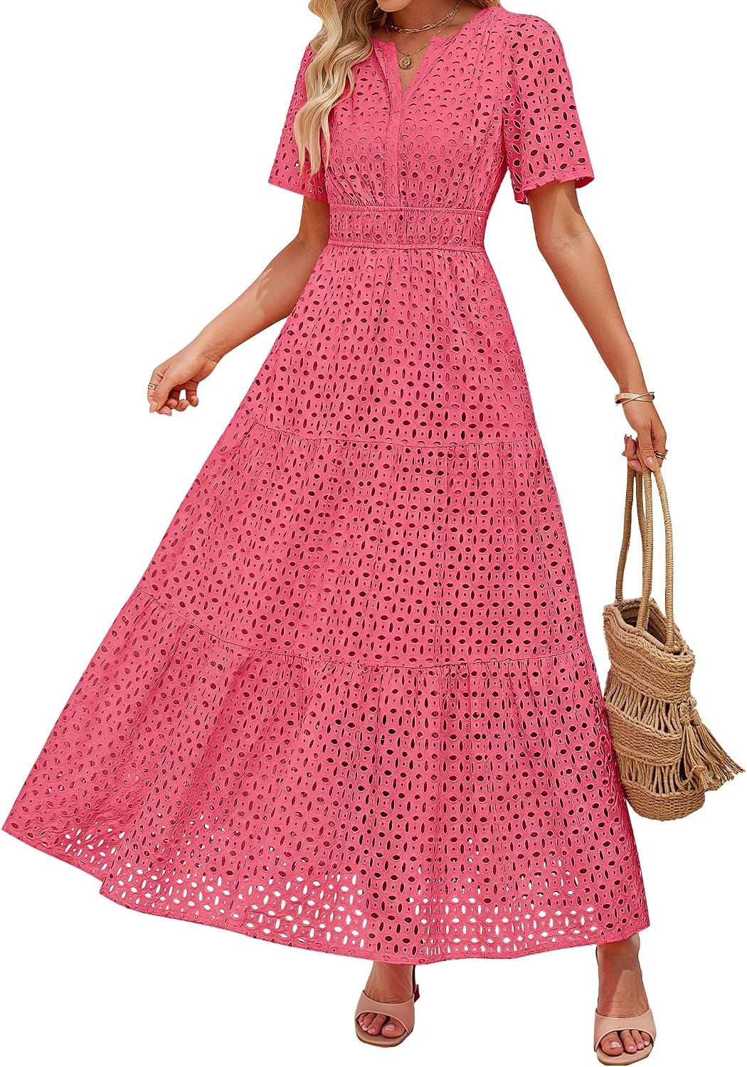 ZESICA Women's Summer Casual V Neck Eyelet A Line Maxi Dresses | Short Sleeve, High Waist, Beach Vacation Long Dress, Wedding Guest, Cocktail Party Outfits, 2026 Fashion Trendy Clothes