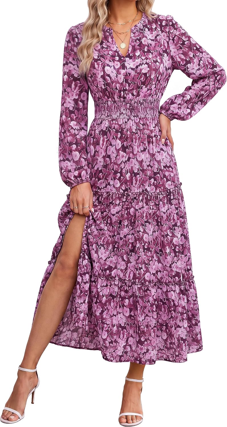GRACE KARIN Women's Floral Maxi Dress 2026 Fall Long Sleeve V Neck Empire Waist A Line Flowy Dress with Pocket