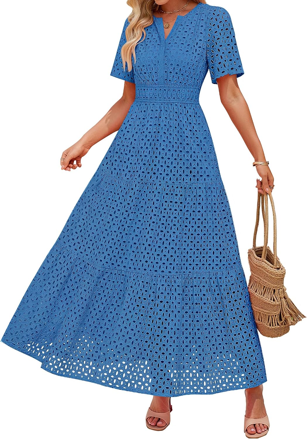 ZESICA Women's Summer Casual V Neck Eyelet A Line Maxi Dresses | Short Sleeve, High Waist, Beach Vacation Long Dress, Wedding Guest, Cocktail Party Outfits, 2026 Fashion Trendy Clothes